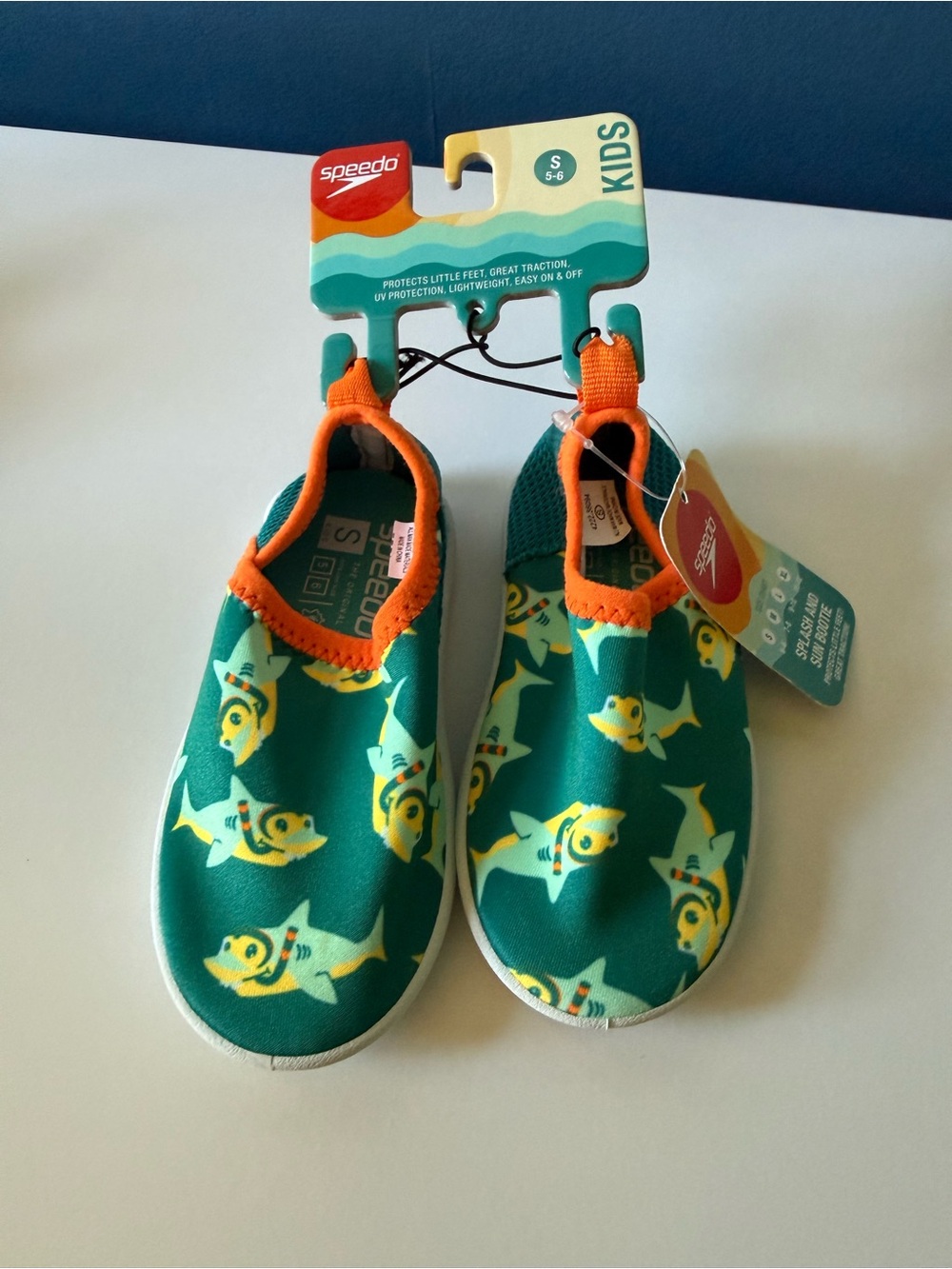 Speedo Kids Teal Shark Print Water Shoes with Orange Trim